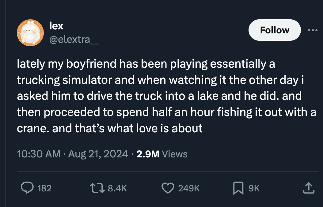 screenshot - lex lately my boyfriend has been playing essentially a trucking simulator and when watching it the other day i asked him to drive the truck into a lake and he did. and then proceeded to spend half an hour fishing it out with a crane. and that